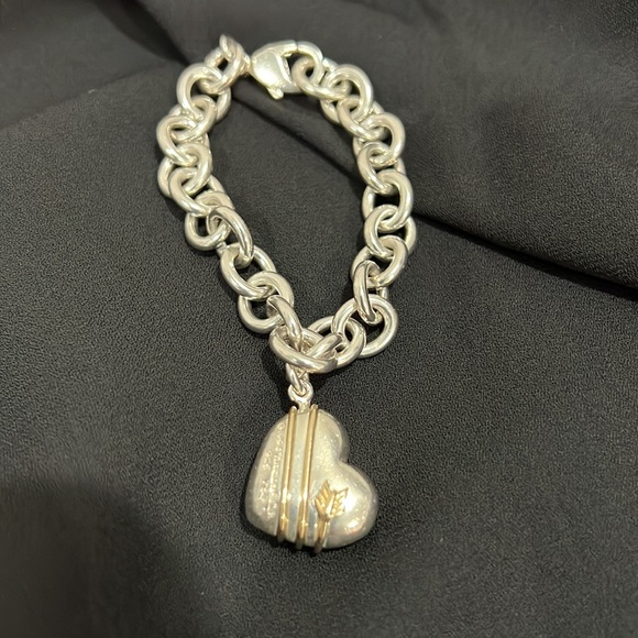 Sterling link with 14 kt gold accents Tiffany puffed heart bracelet. - Picture 3 of 5